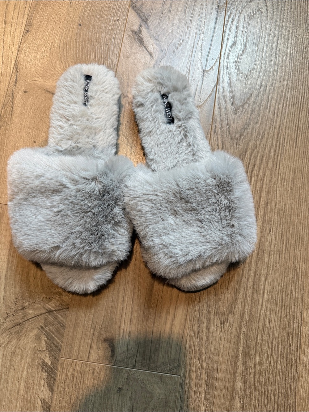 Nine West Plush Faux Fur Slide Slippers in Light Gray